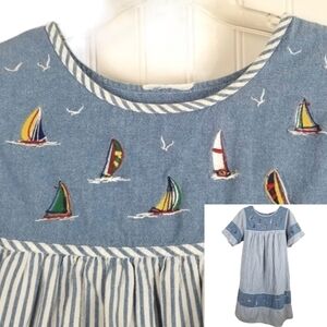 Striped Sailboat Embroidered Short Sleeve Light Denim Dress Summer Nautical S/XS
